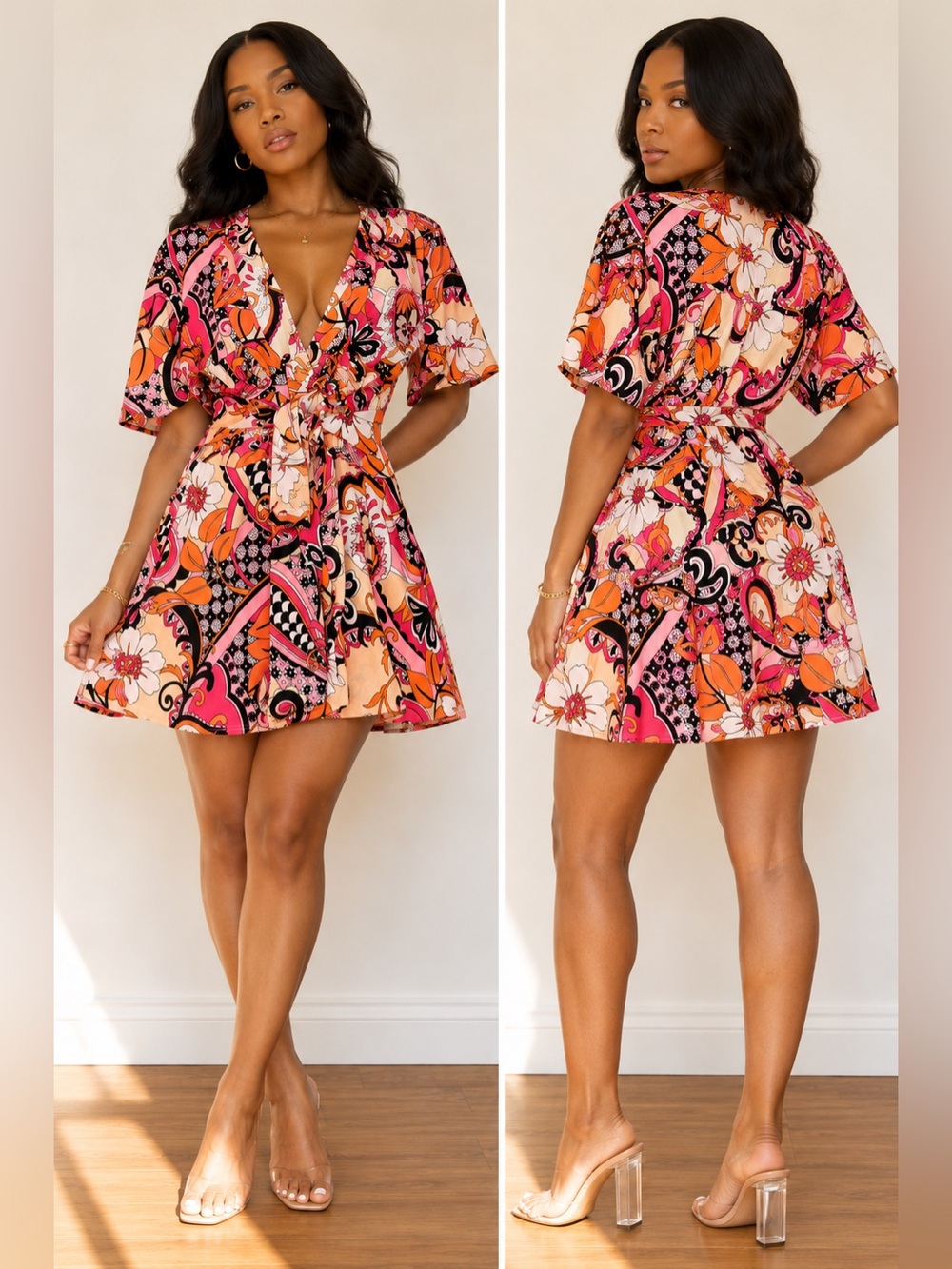 Bright Pink & Orange Floral Wrap Dress